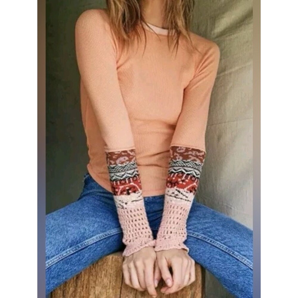 Free People In The Mix Cuff Thermal Top Small Waffle Knit Mixed Pattern Boho
